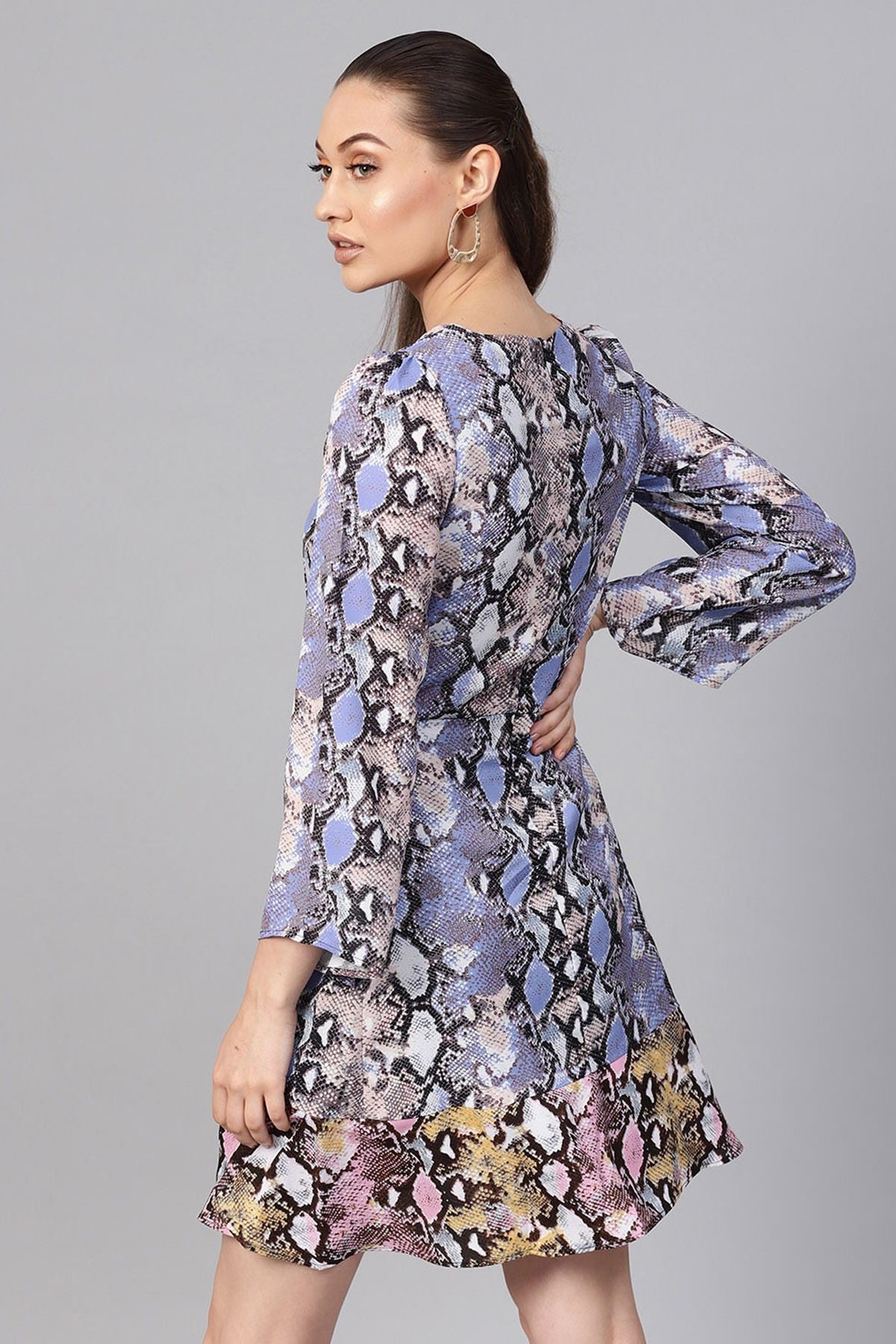 Women's Blue Python Frill Hem Skater Dress
