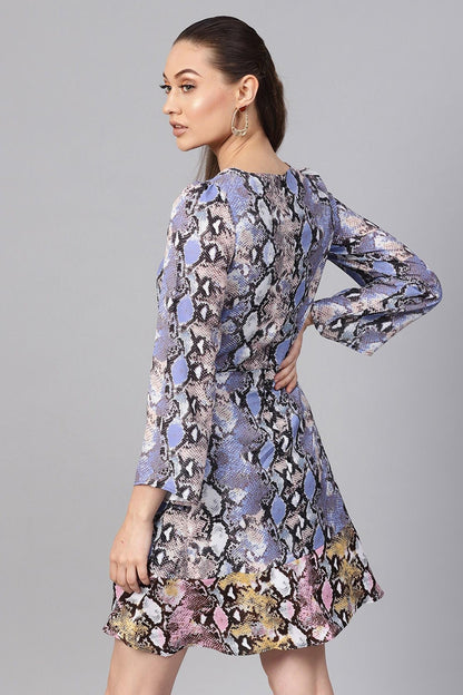 Women's Blue Python Frill Hem Skater Dress