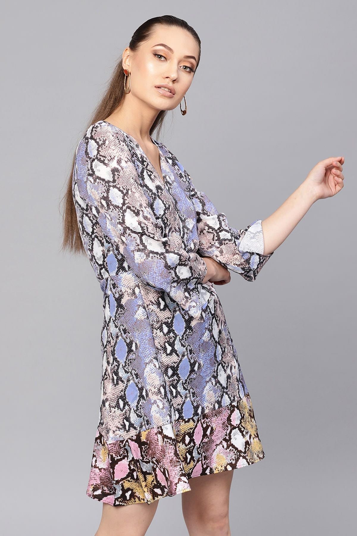 Women's Blue Python Frill Hem Skater Dress