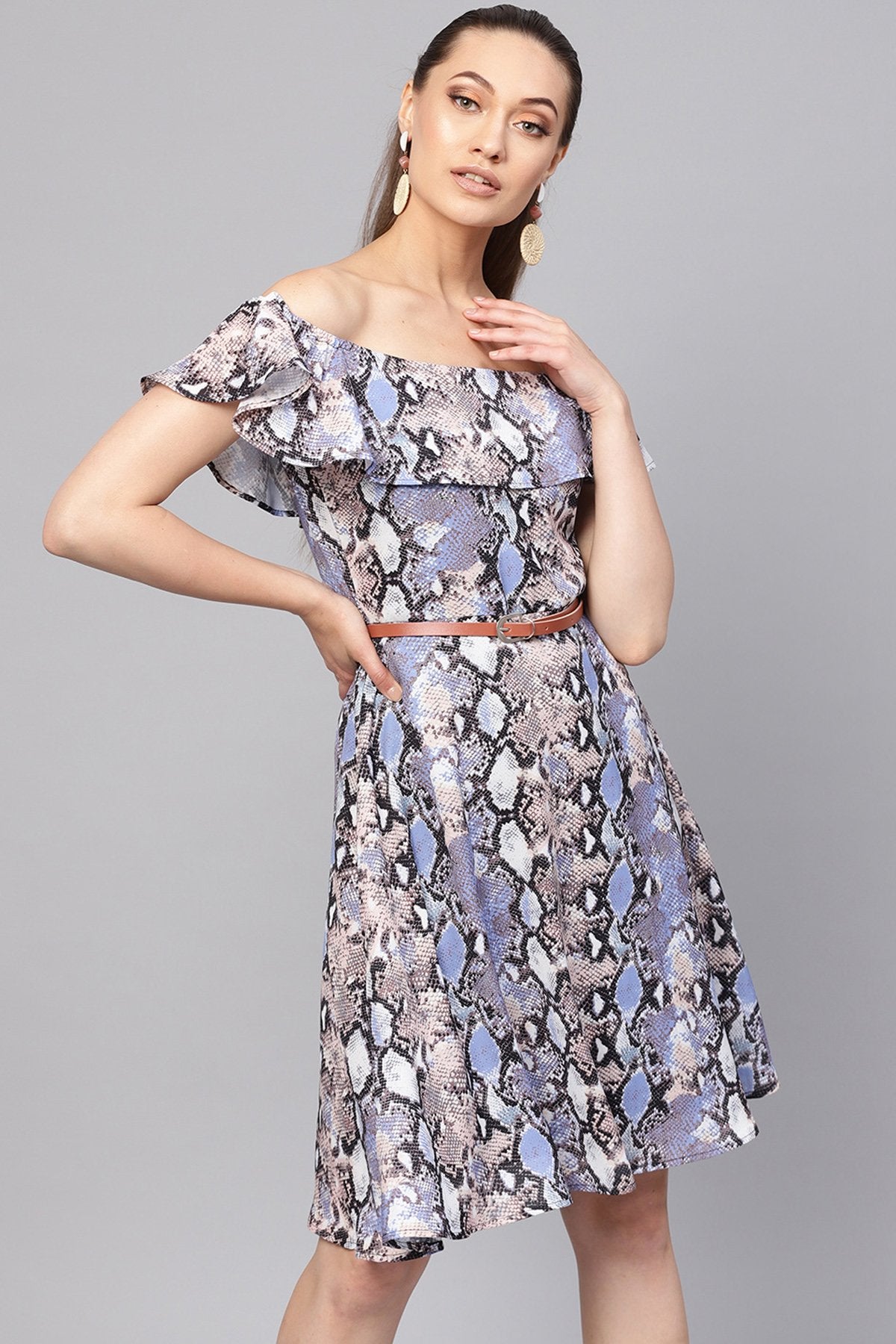 Women's Blue Python Off Shoulder Fit & Flare Dress