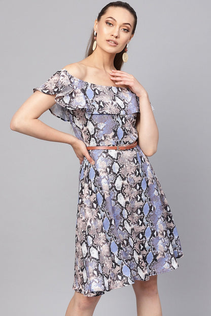 Women's Blue Python Off Shoulder Fit & Flare Dress