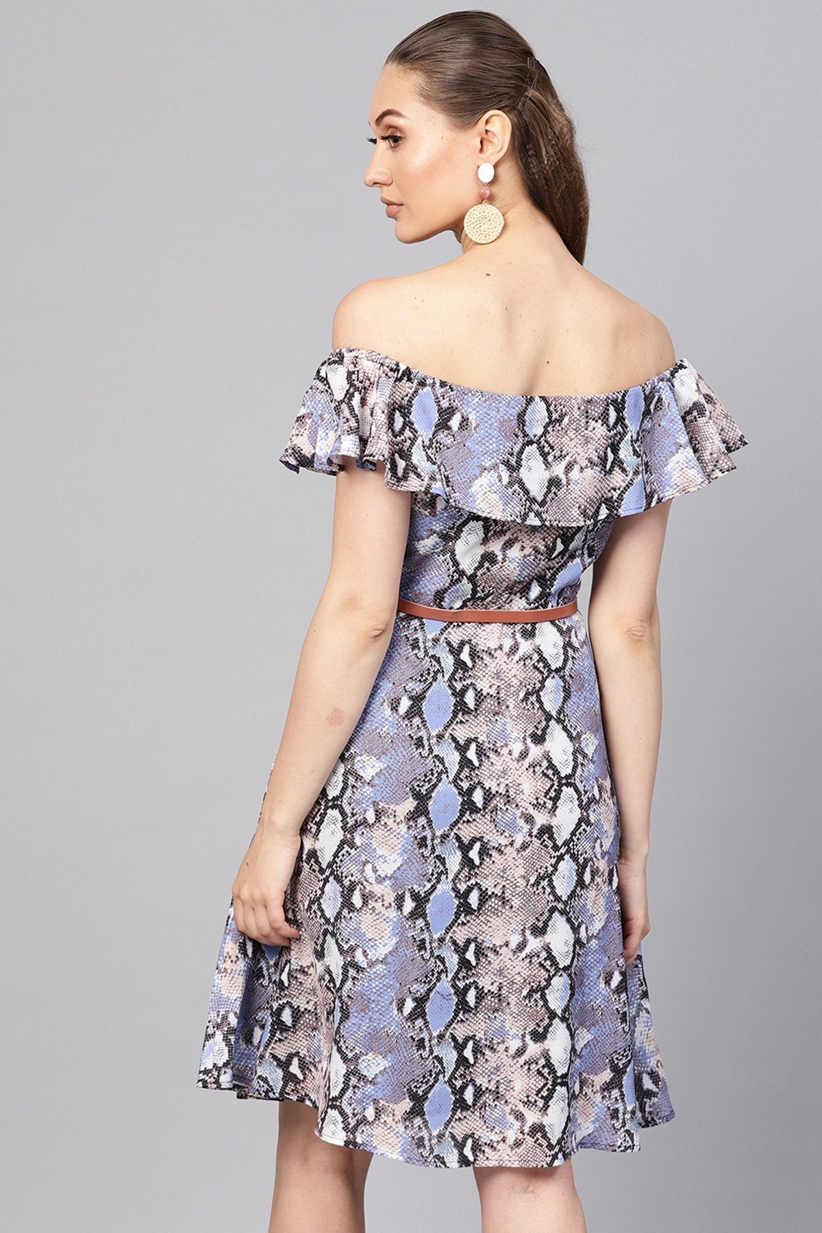 Women's Blue Python Off Shoulder Fit & Flare Dress