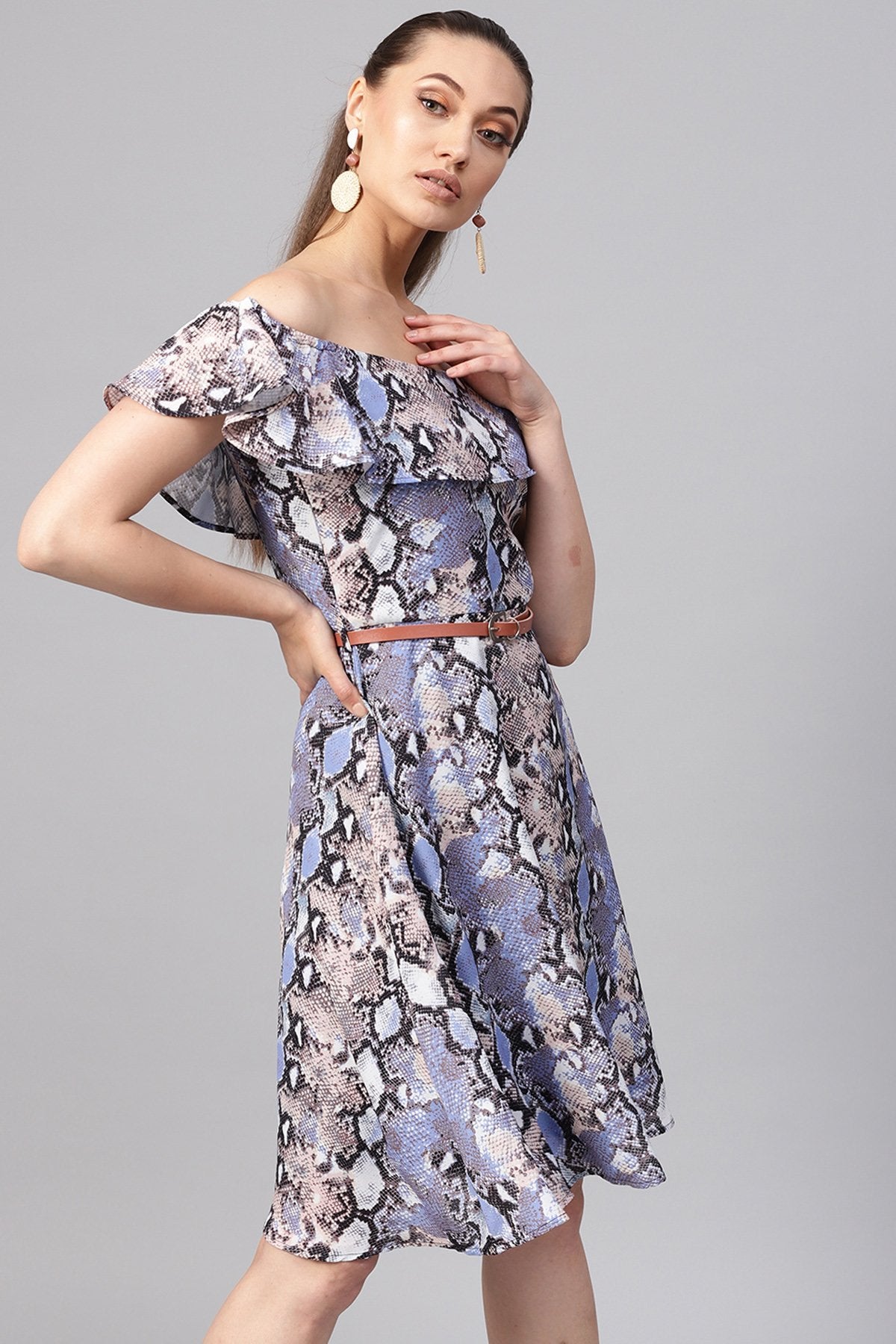 Women's Blue Python Off Shoulder Fit & Flare Dress