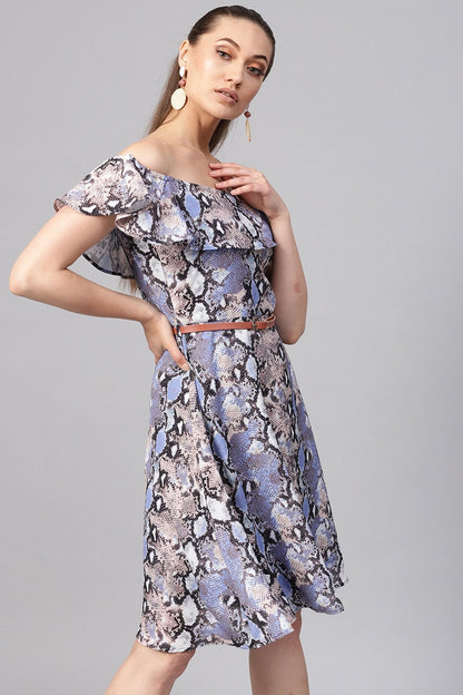 Women's Blue Python Off Shoulder Fit & Flare Dress