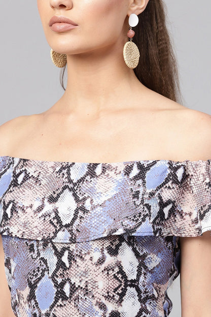 Women's Blue Python Off Shoulder Fit & Flare Dress