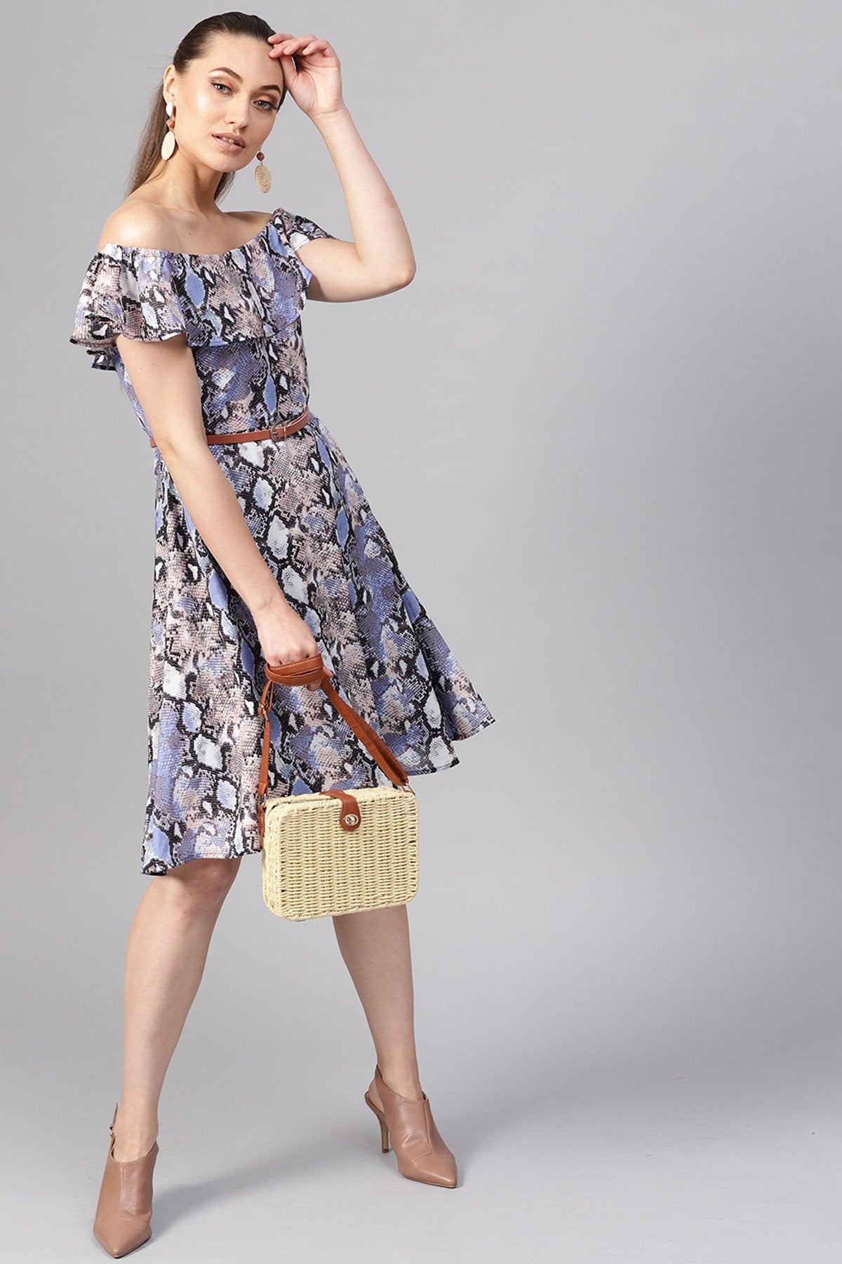Women's Blue Python Off Shoulder Fit & Flare Dress