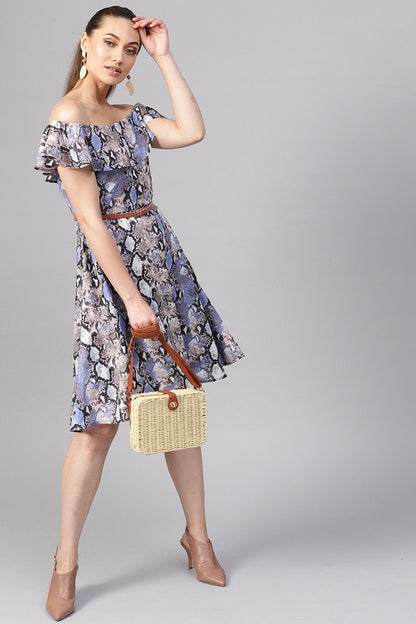 Women's Blue Python Off Shoulder Fit & Flare Dress