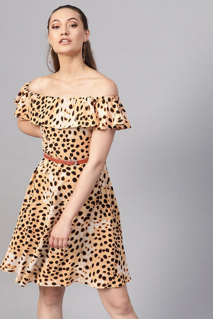 Women's Beige Leopard Off Shoulder Fit & Flare Dress
