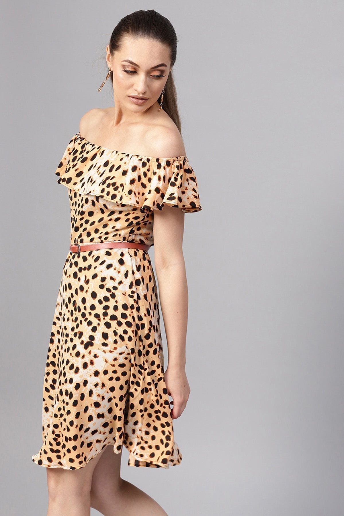 Women's Beige Leopard Off Shoulder Fit & Flare Dress