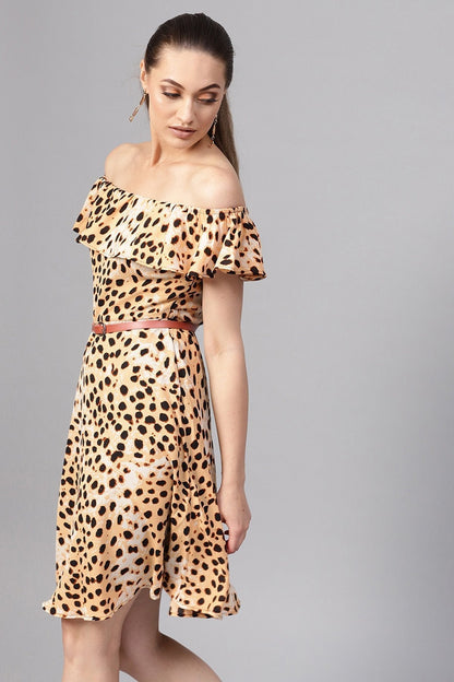 Women's Beige Leopard Off Shoulder Fit & Flare Dress