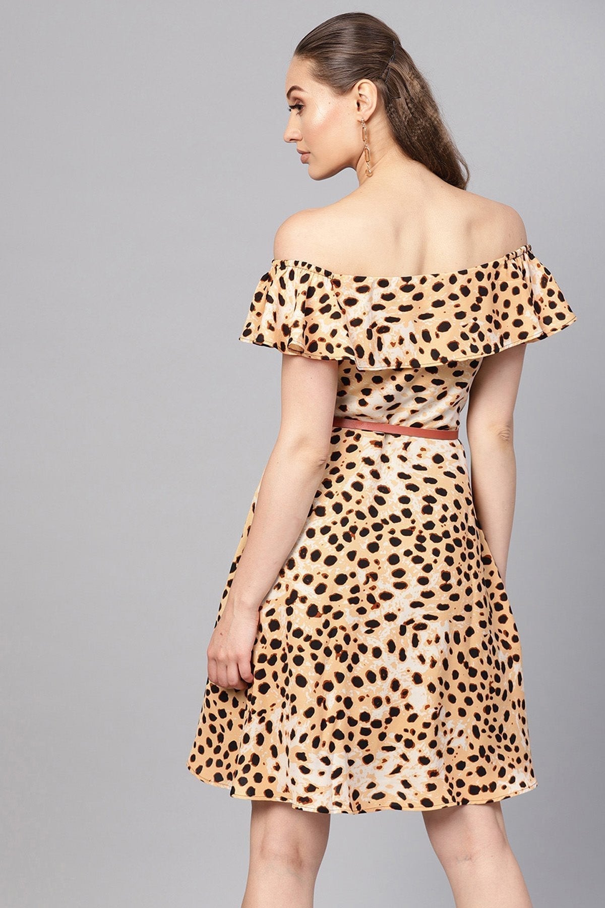 Women's Beige Leopard Off Shoulder Fit & Flare Dress