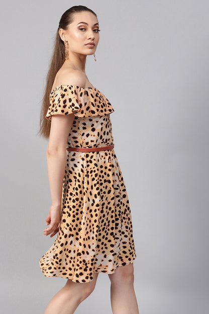 Women's Beige Leopard Off Shoulder Fit & Flare Dress