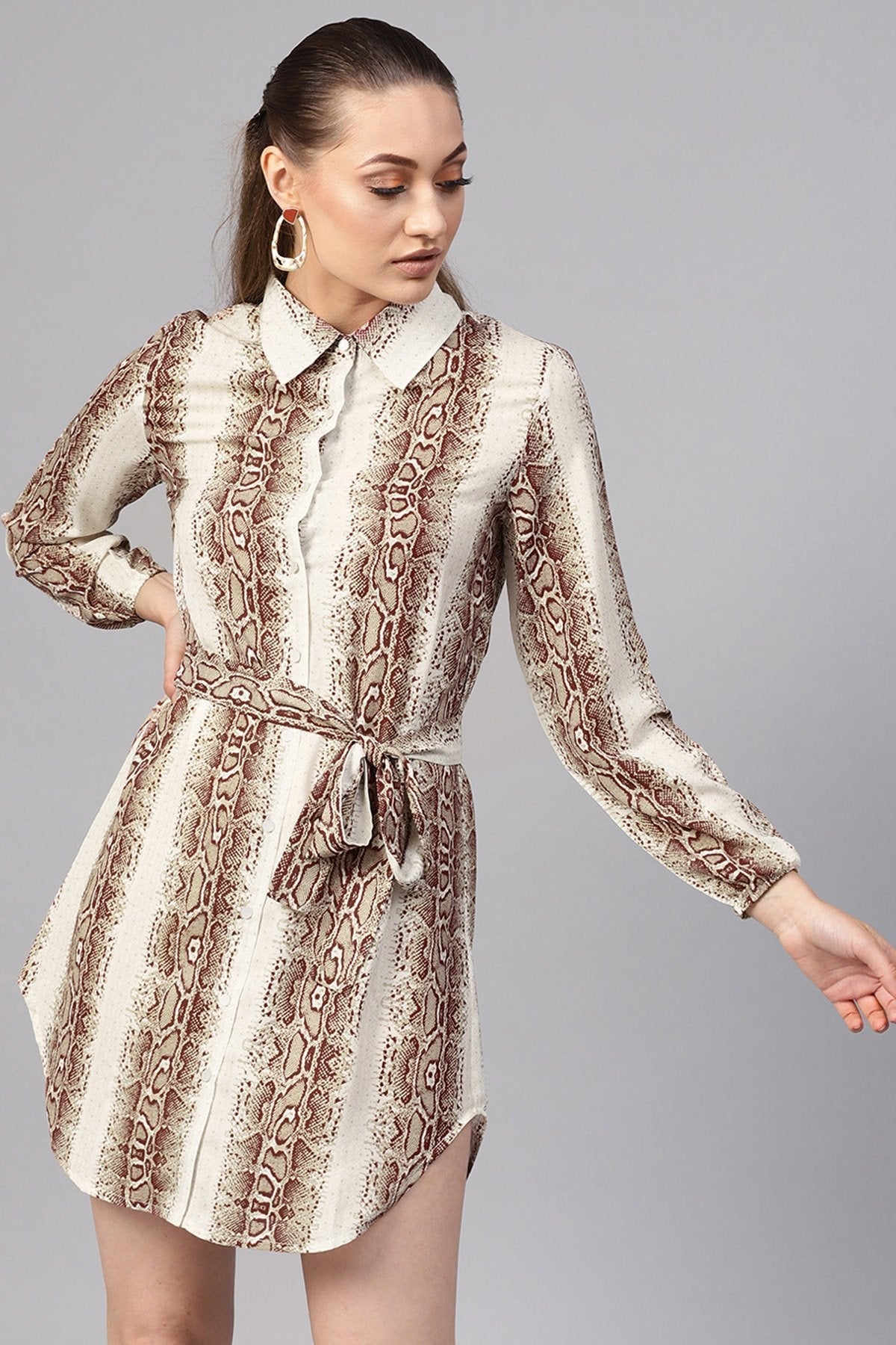 Women's Brown Snake Front Open Shirt Dress