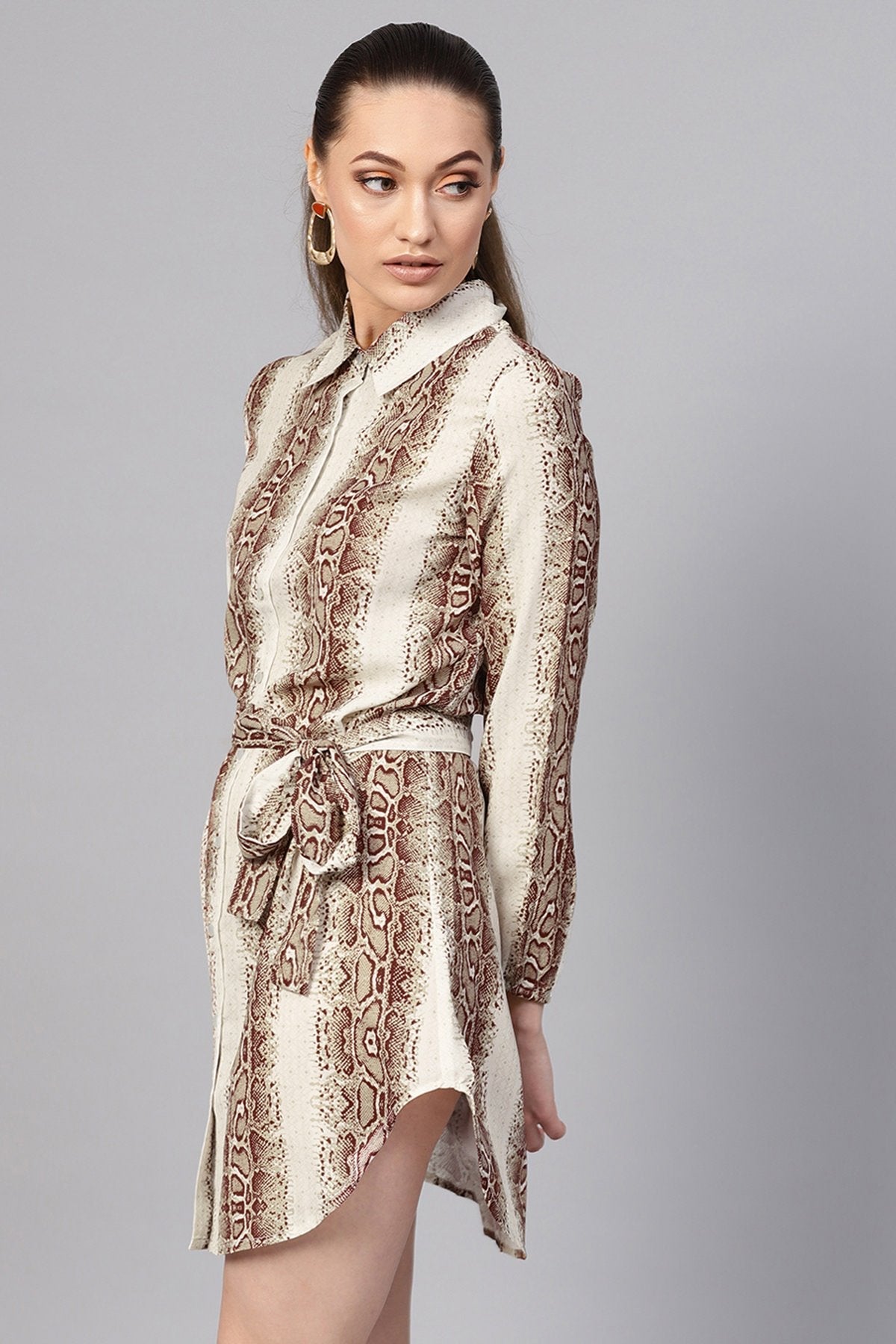 Women's Brown Snake Front Open Shirt Dress
