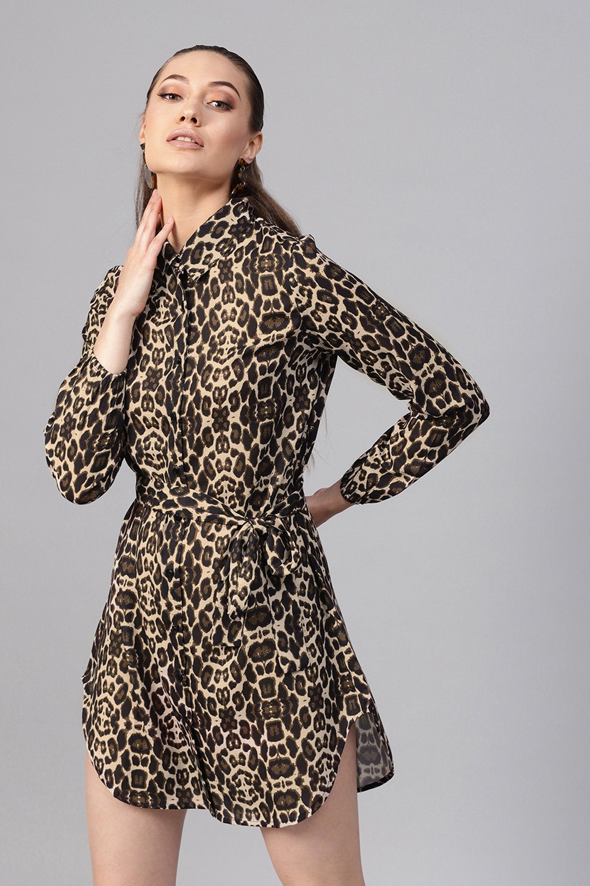 Women's Black Cheetah Front Open Shirt Dress