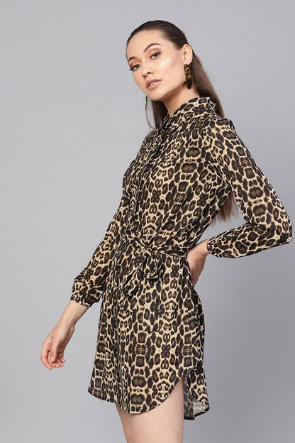 Women's Black Cheetah Front Open Shirt Dress