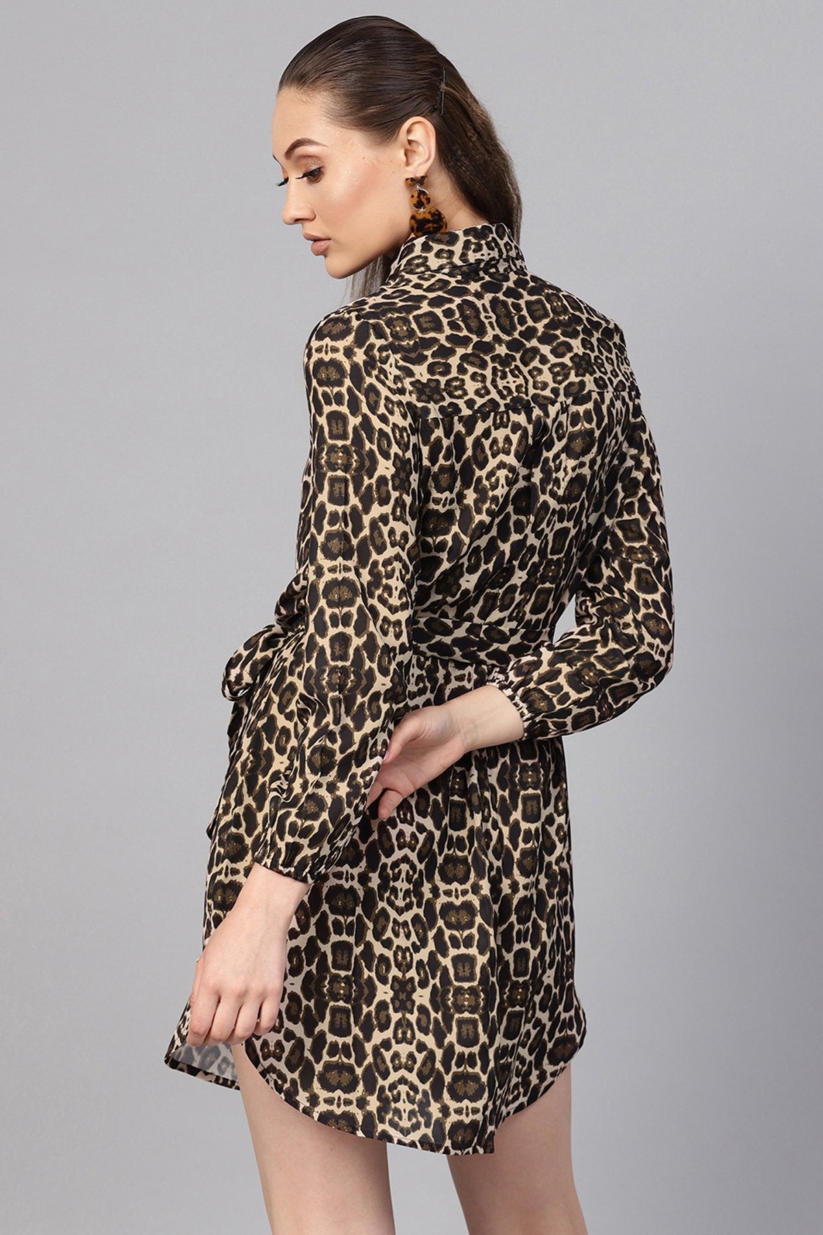 Women's Black Cheetah Front Open Shirt Dress