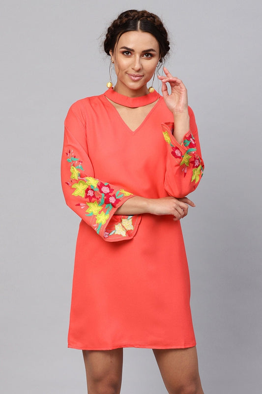 Women's Coral Choker Neck Embroidered Sleeve Dress