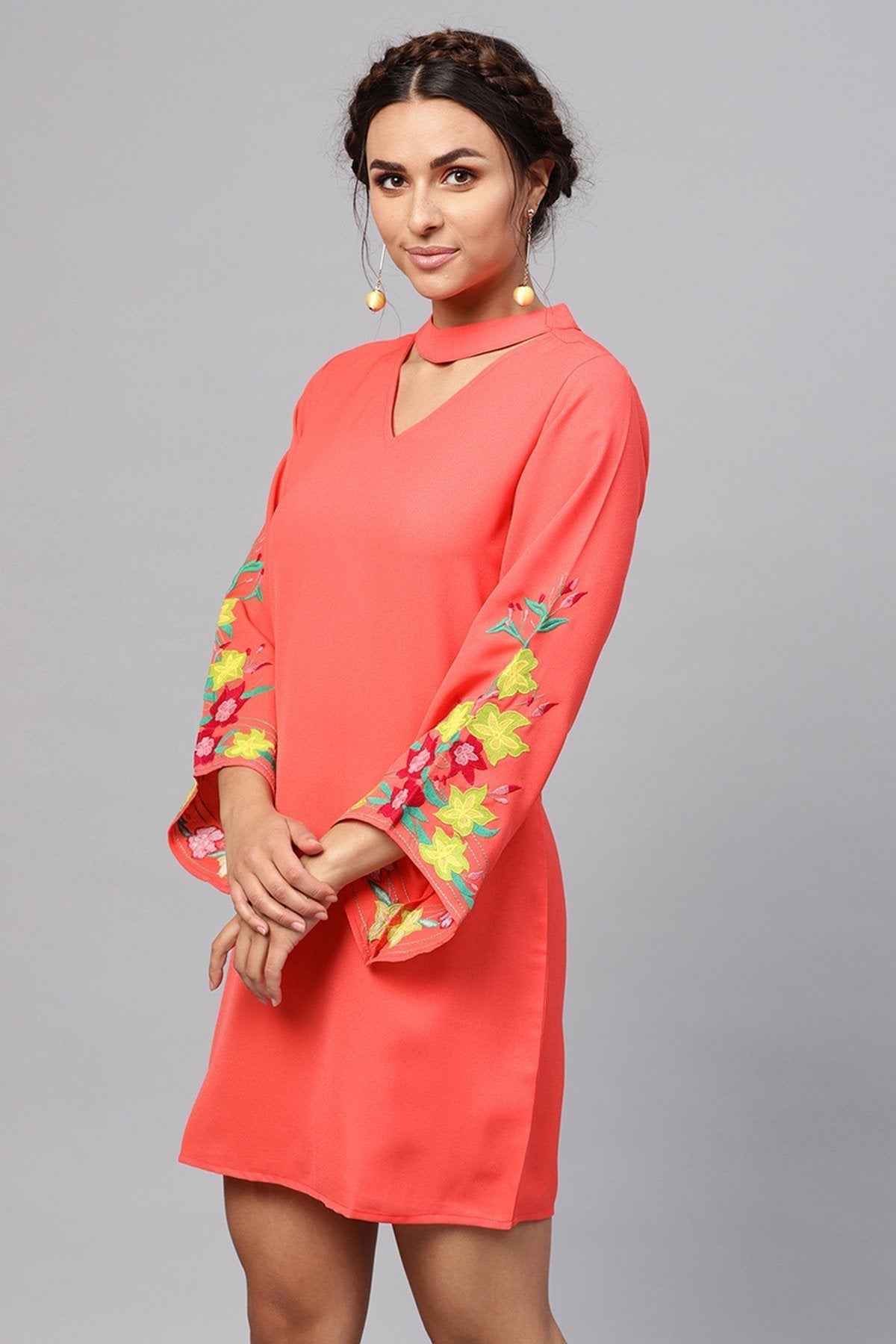 Women's Coral Choker Neck Embroidered Sleeve Dress