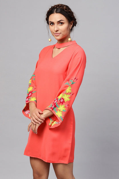 Women's Coral Choker Neck Embroidered Sleeve Dress