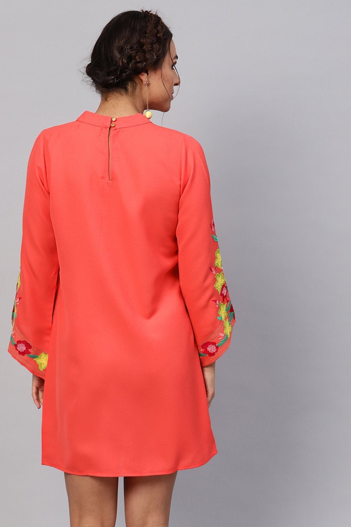 Women's Coral Choker Neck Embroidered Sleeve Dress