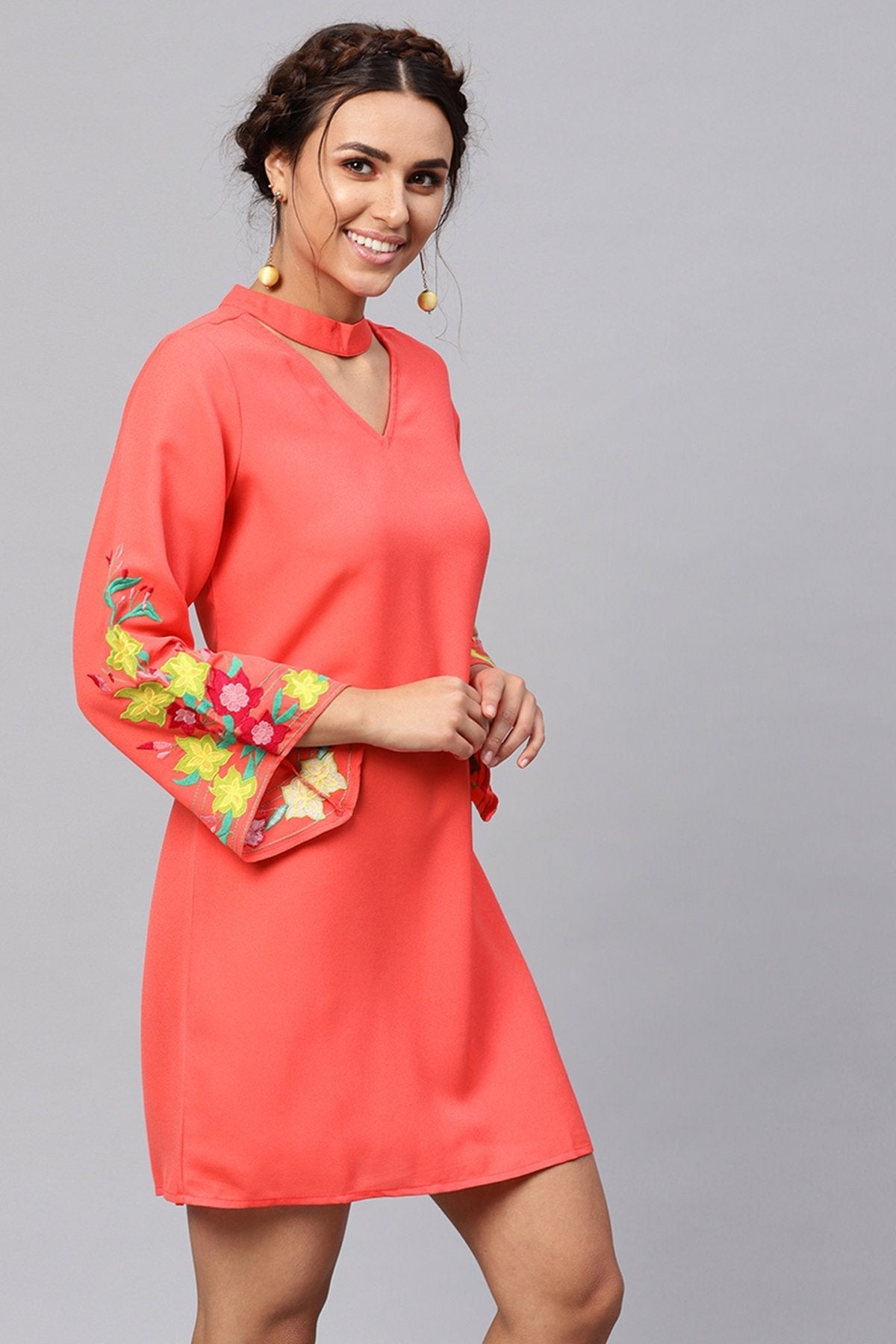 Women's Coral Choker Neck Embroidered Sleeve Dress