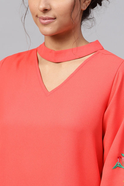Women's Coral Choker Neck Embroidered Sleeve Dress