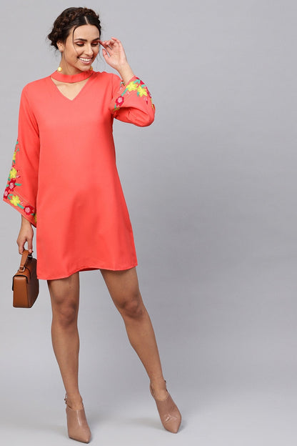 Women's Coral Choker Neck Embroidered Sleeve Dress