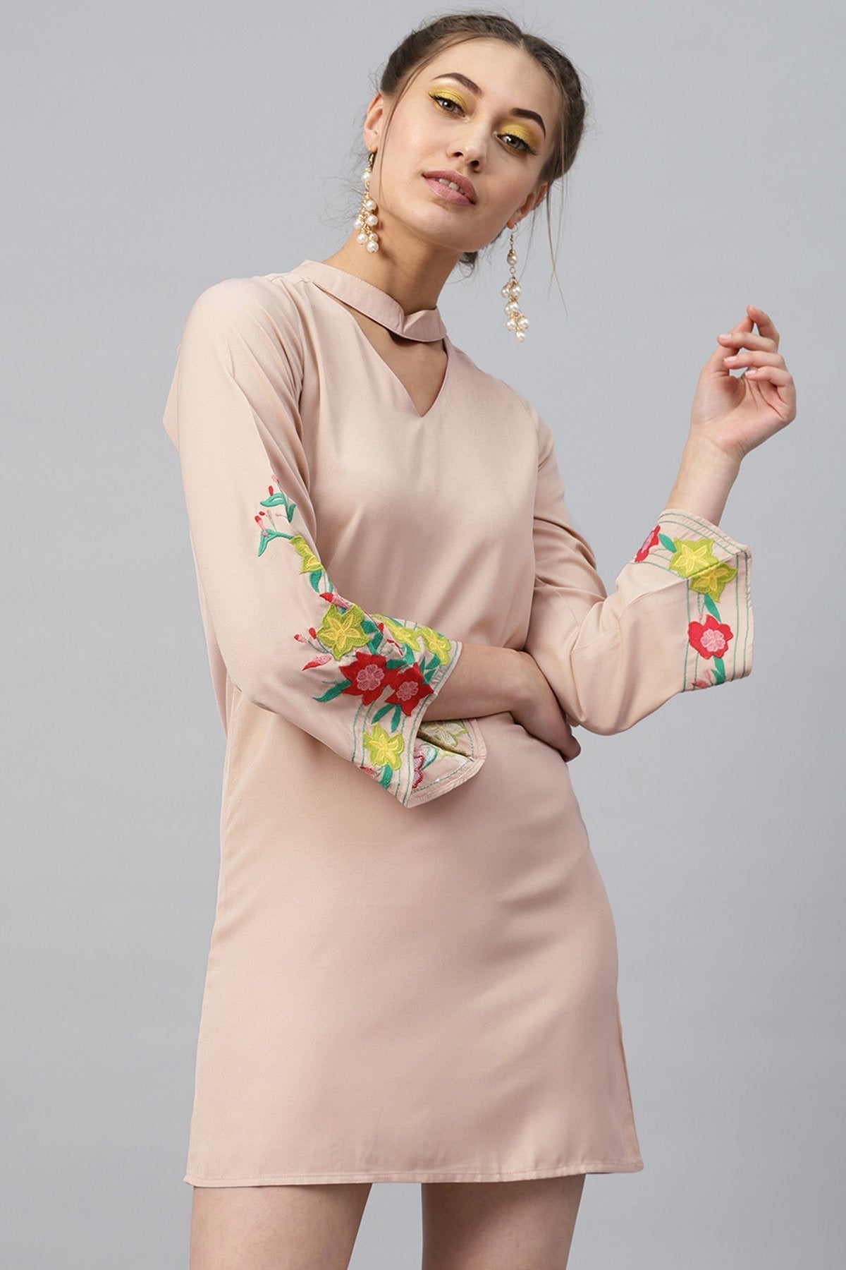 Women's Beige Choker Neck Embroidered Sleeve Dress
