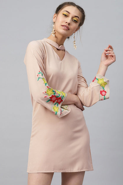 Women's Beige Choker Neck Embroidered Sleeve Dress