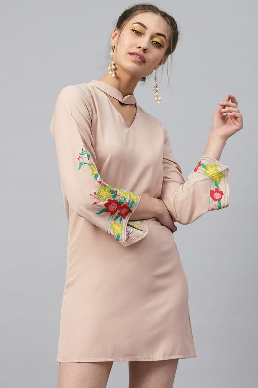 Women's Beige Choker Neck Embroidered Sleeve Dress