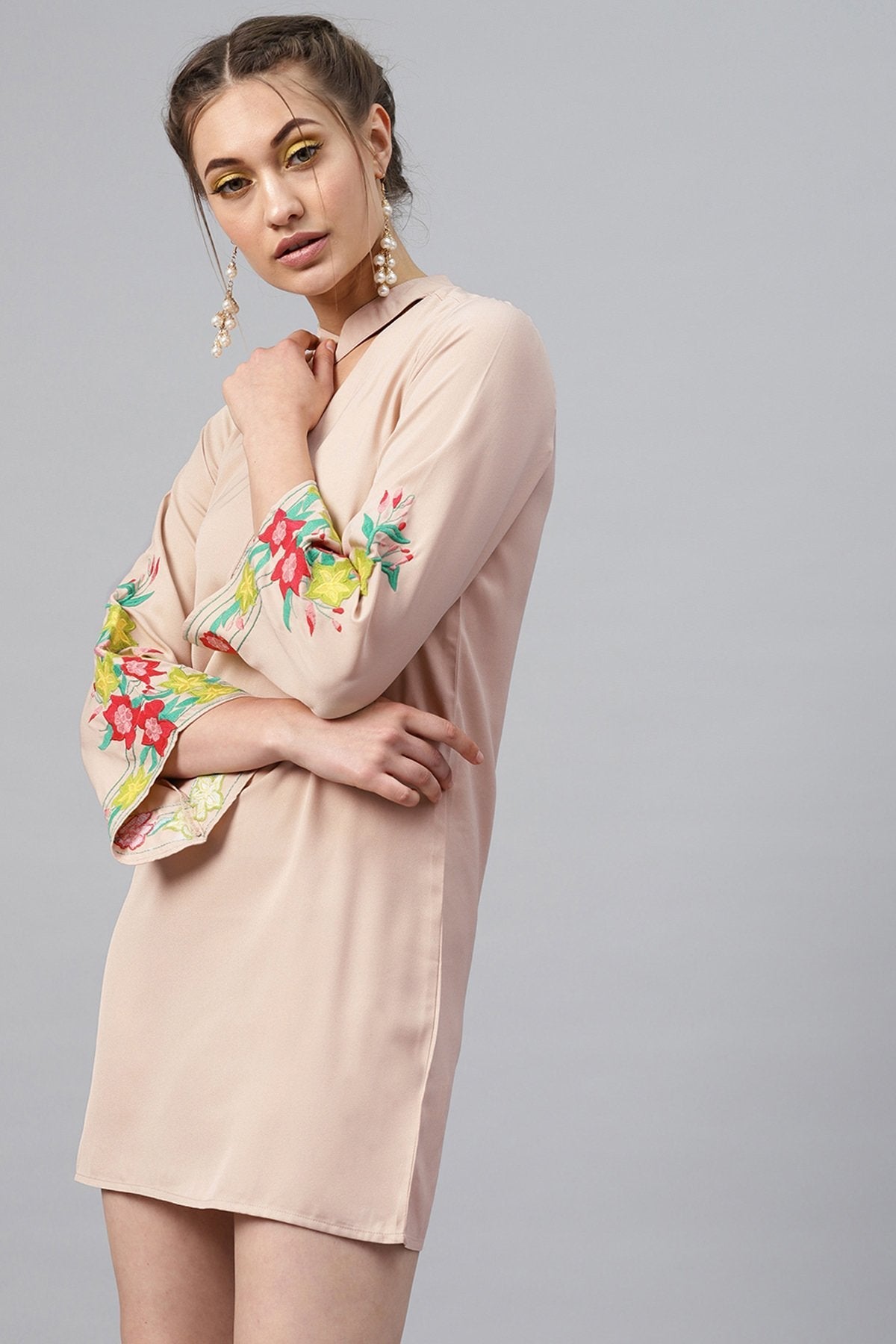 Women's Beige Choker Neck Embroidered Sleeve Dress