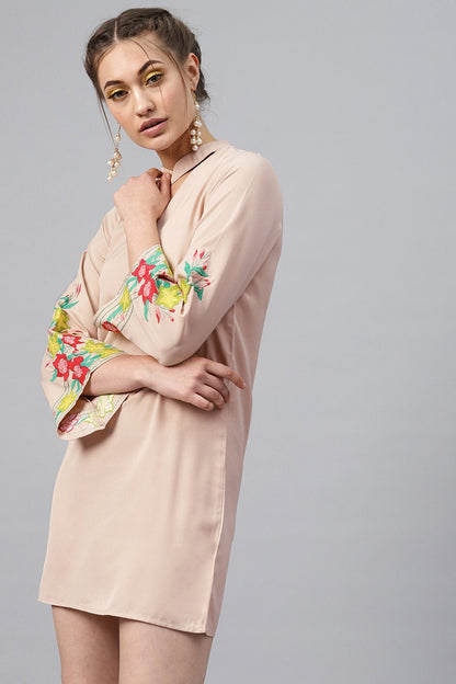 Women's Beige Choker Neck Embroidered Sleeve Dress
