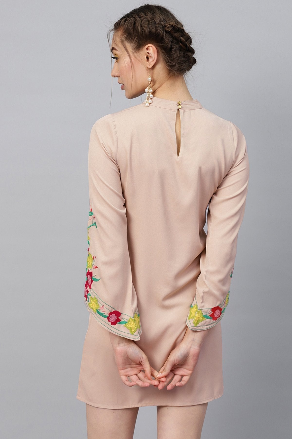 Women's Beige Choker Neck Embroidered Sleeve Dress