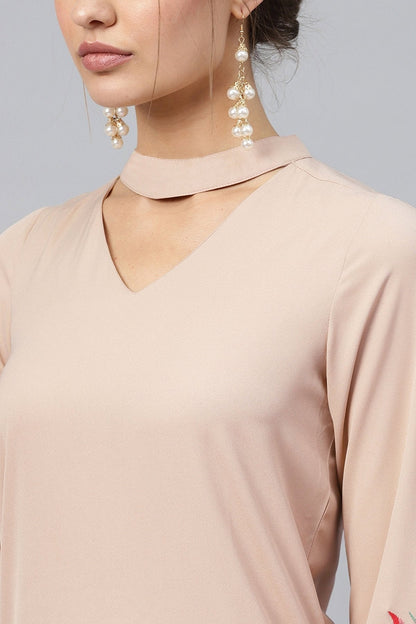 Women's Beige Choker Neck Embroidered Sleeve Dress