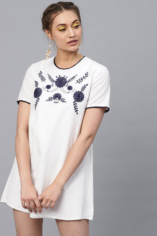 Women's White Front Embroidered Shift Dress