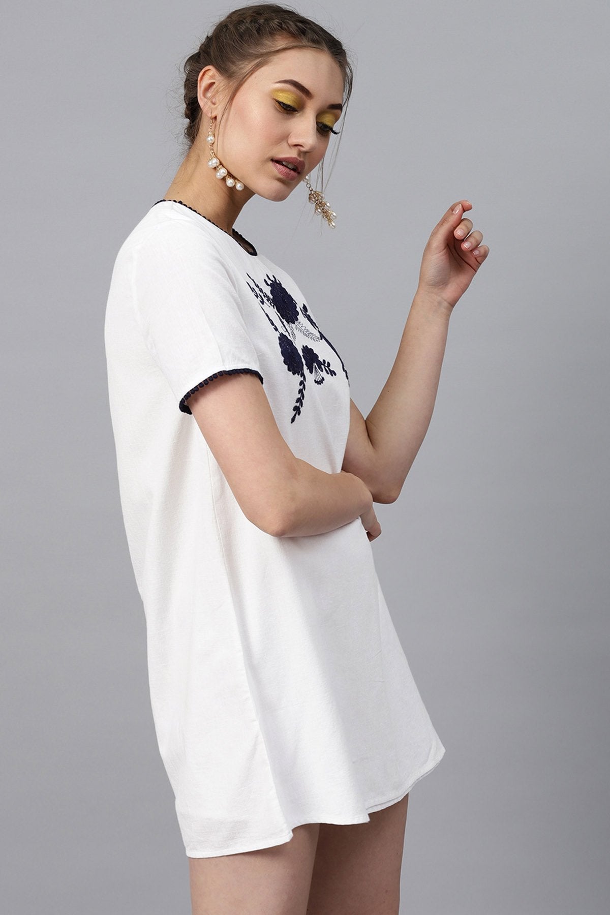 Women's White Front Embroidered Shift Dress