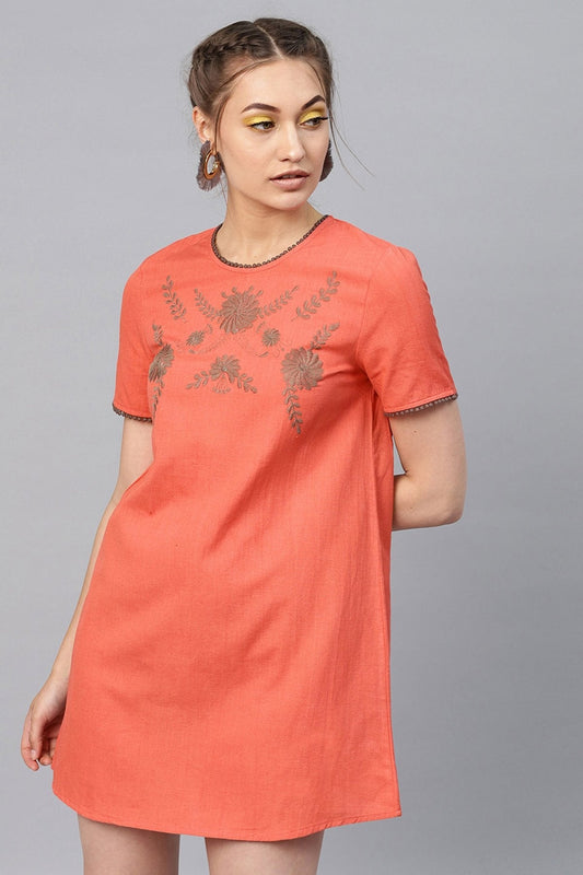 Women's Coral Front Embroidered Shift Dress