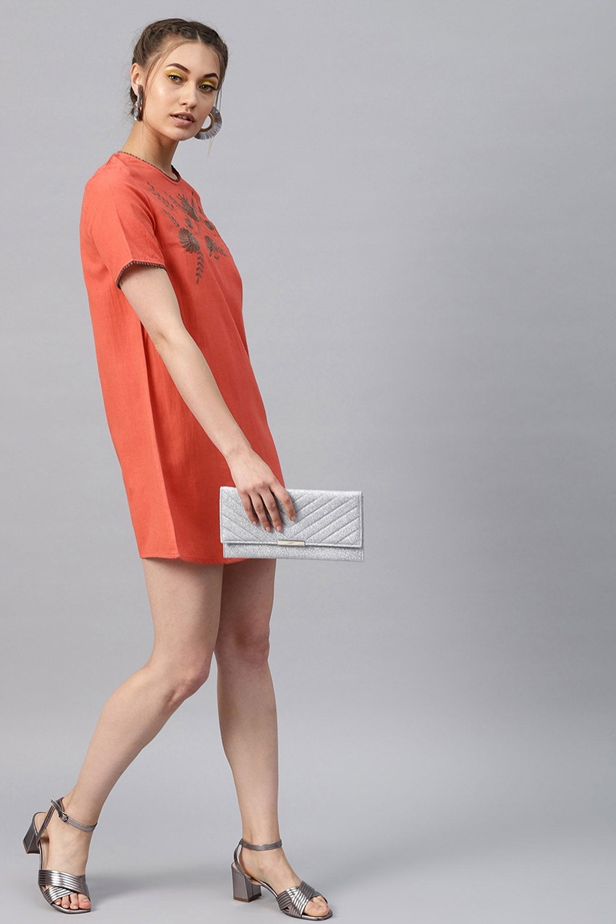 Women's Coral Front Embroidered Shift Dress