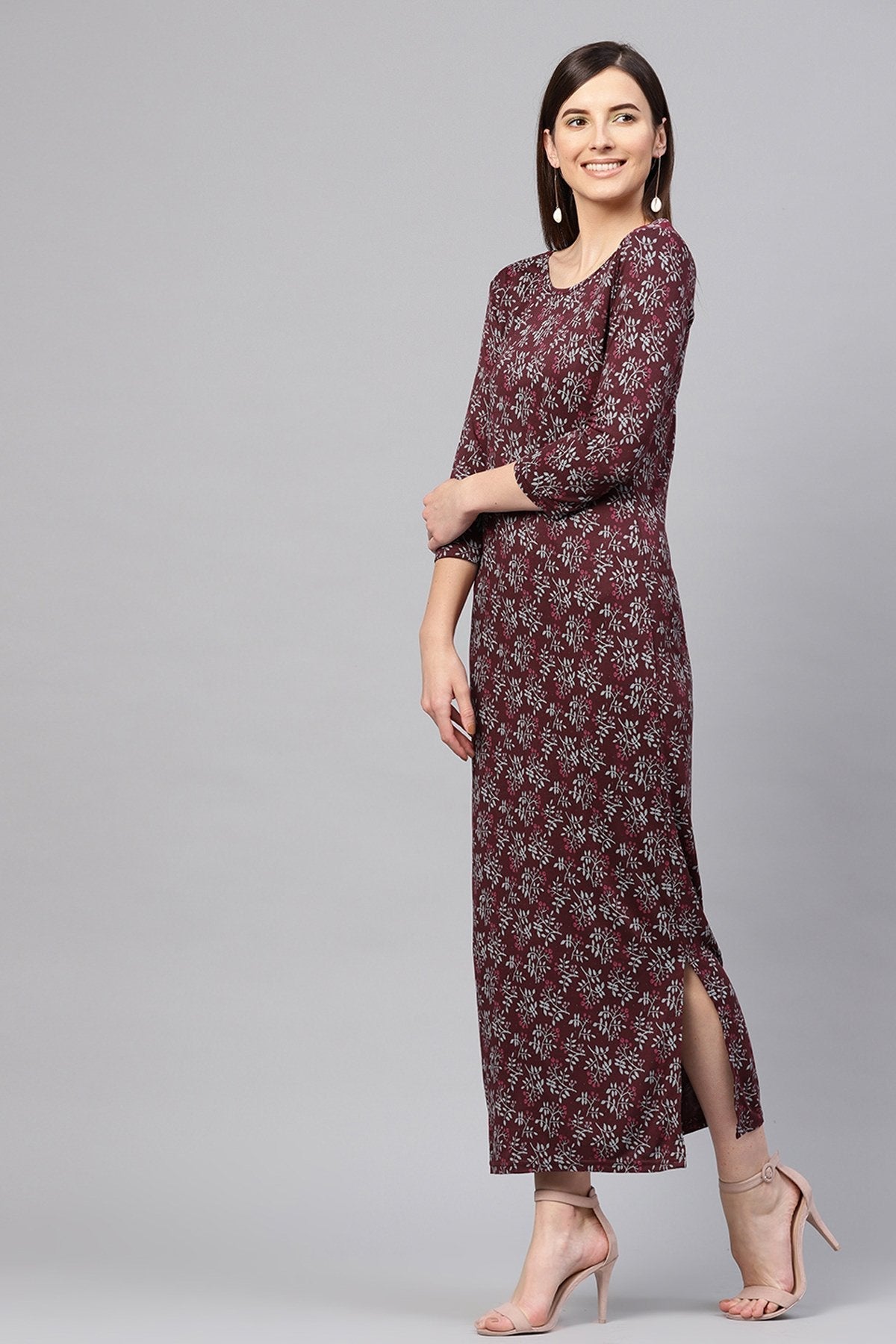 Women's Maroon Floral Side Slit Maxi