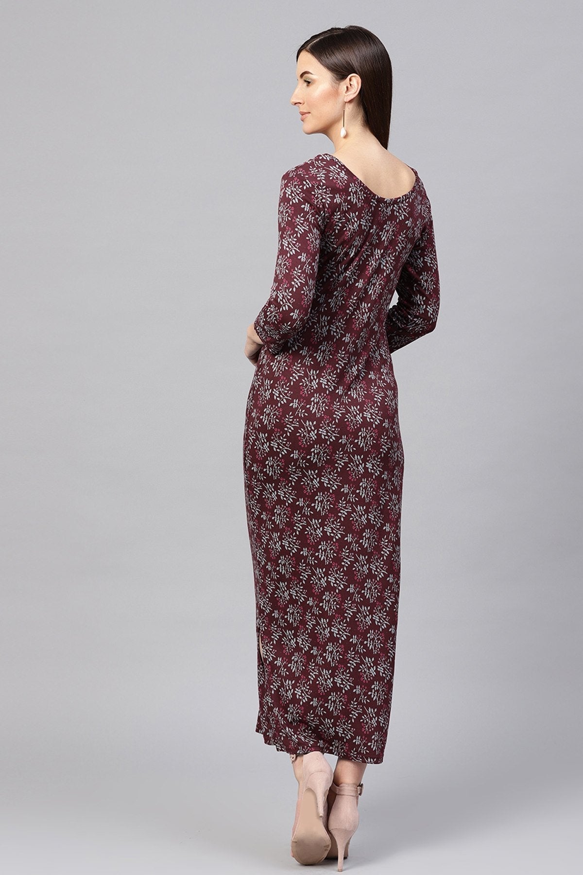 Women's Maroon Floral Side Slit Maxi
