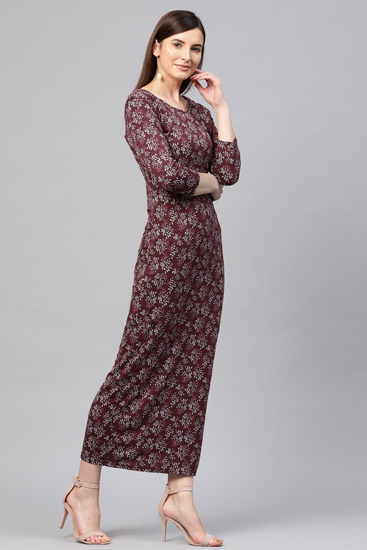 Women's Maroon Floral Side Slit Maxi