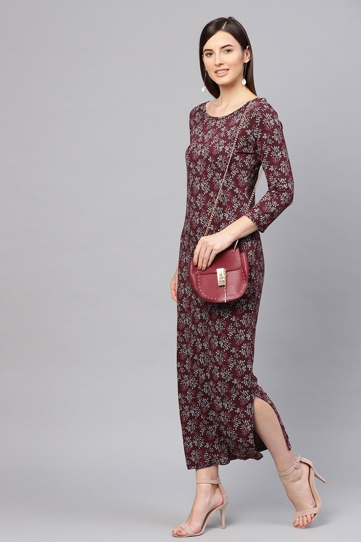 Women's Maroon Floral Side Slit Maxi