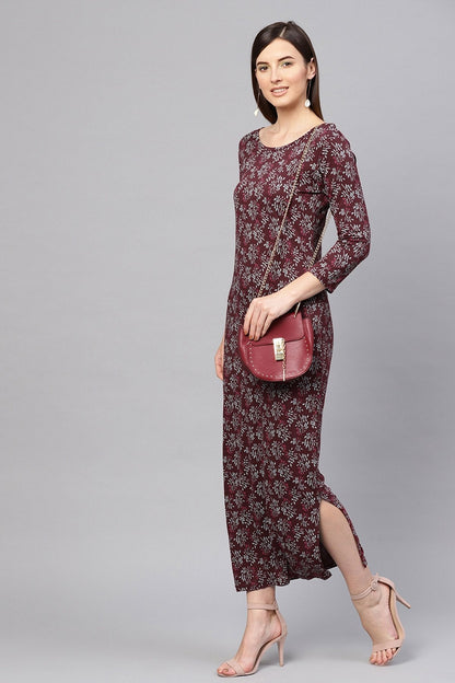 Women's Maroon Floral Side Slit Maxi