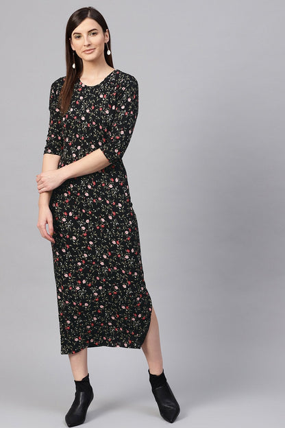 Women's Black Floral Side Slit Maxi