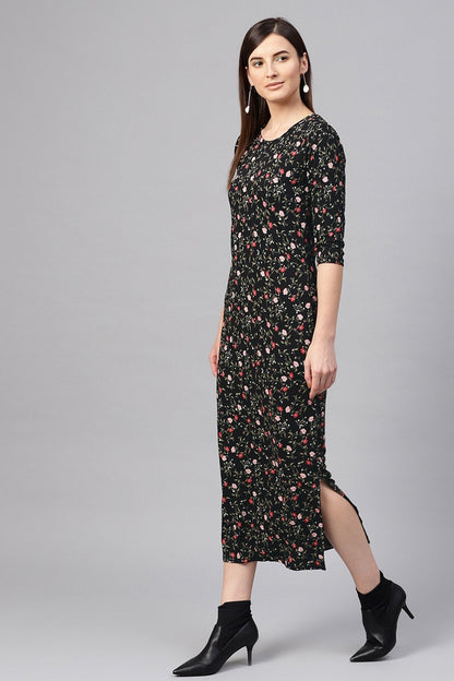 Women's Black Floral Side Slit Maxi