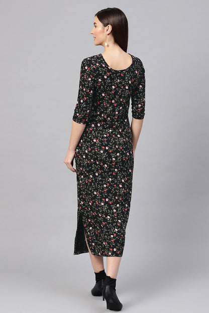 Women's Black Floral Side Slit Maxi