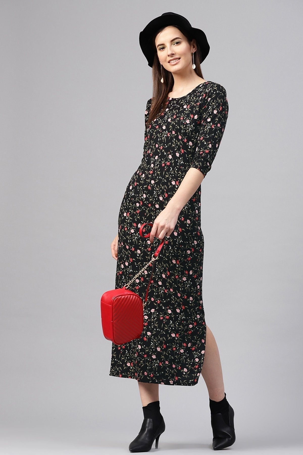 Women's Black Floral Side Slit Maxi