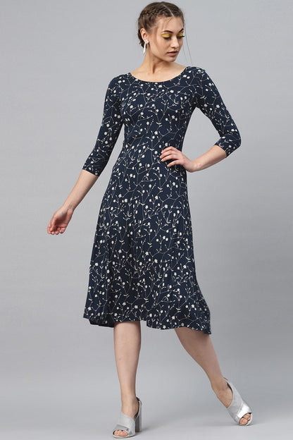 Women's Navy Floral Flared Midi