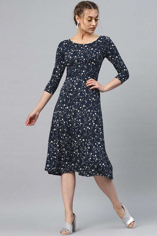 Women's Navy Floral Flared Midi